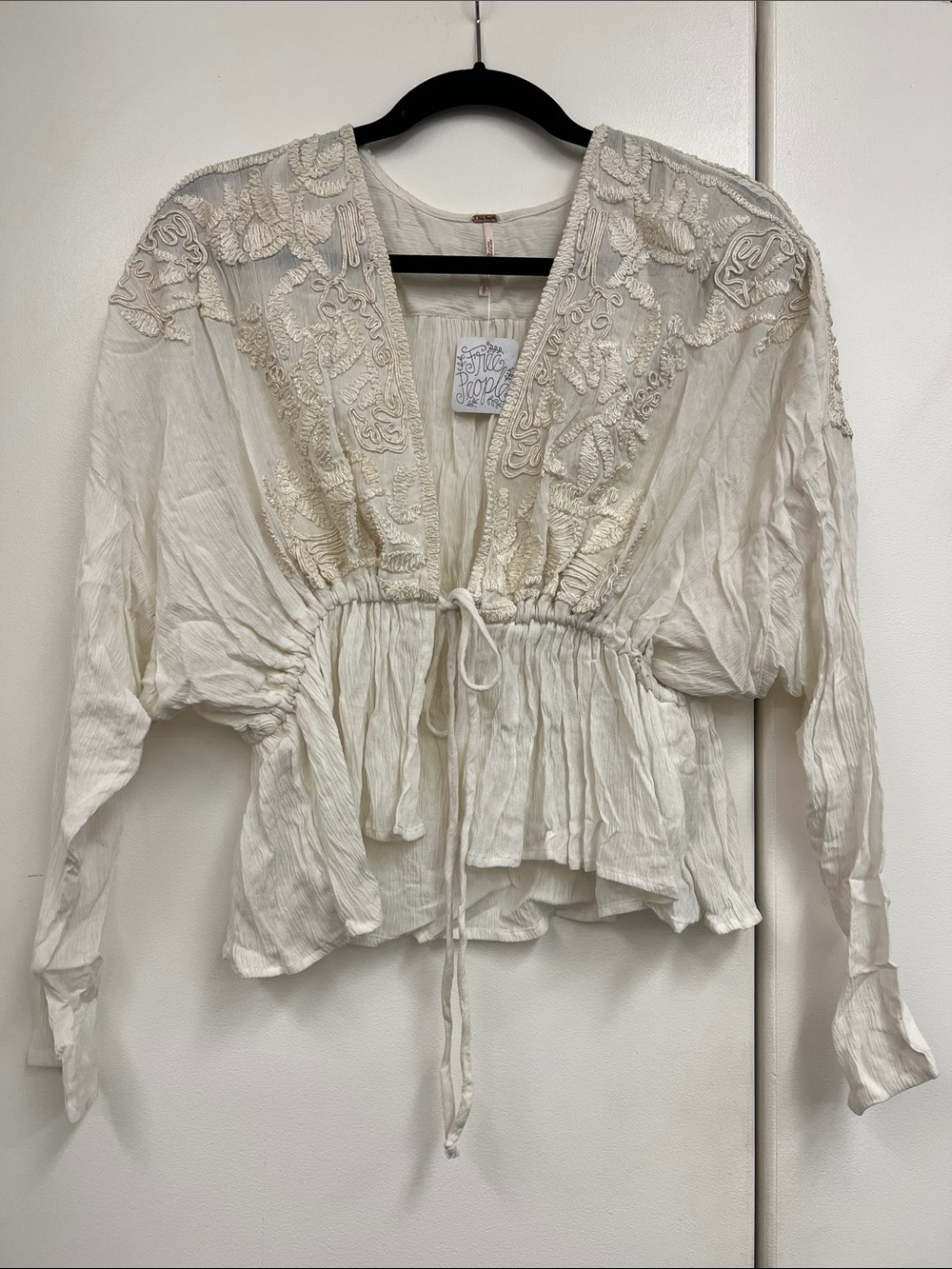 Free People Cream Embroidered Tie-Front Blouse Cardigan Overlay Delicate NWT S